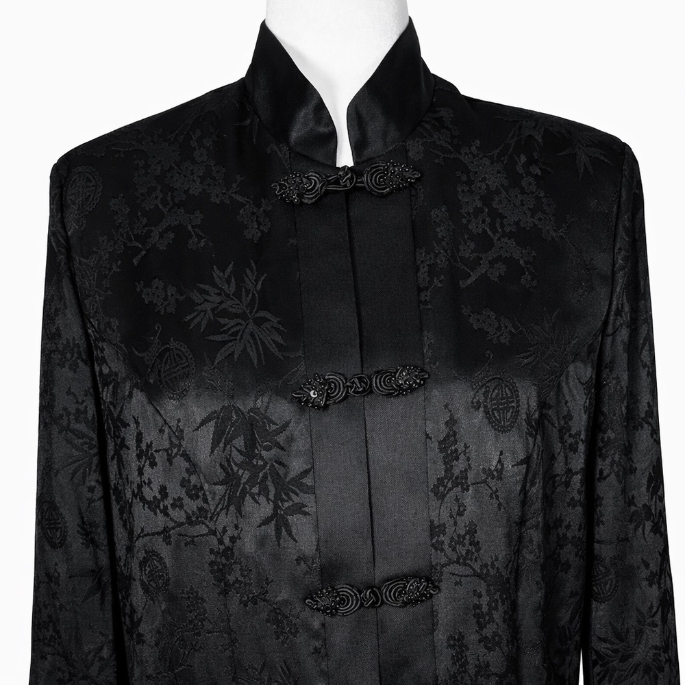 Vintage Black Mandarin Collar Brocade Floor Length Coat Dress